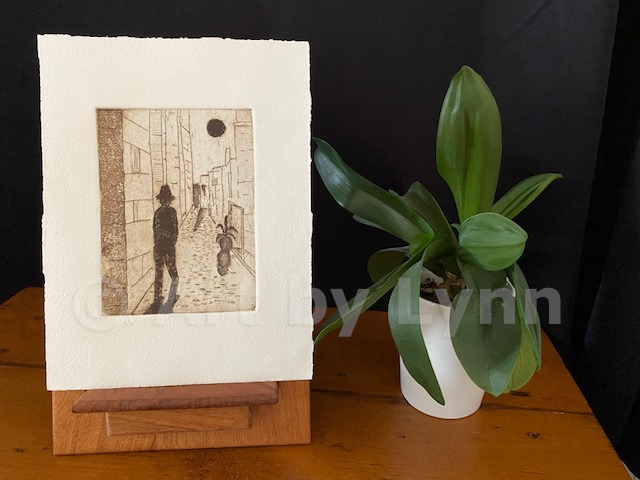 Etching of a man alone in an alleyway next to a house plant.