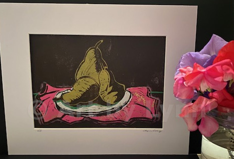 Two plate linocut print of three pears on a plate, next to sugar peas in a vase.