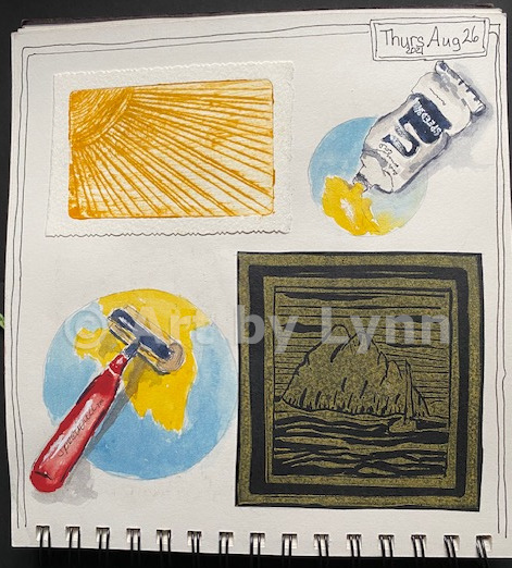 A collage that includes watercolors of art supplies, and examples of relief and drypoint prints of the Rock in Morro Bay and of the sun shining.