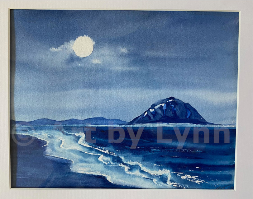 Watercolor of Morro Rock at night.